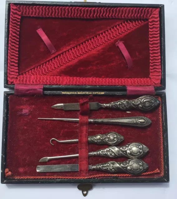 Ancien Boîte Victorienne Sheffield Cutler Lime Tire Botte Manucure Objets Argent
