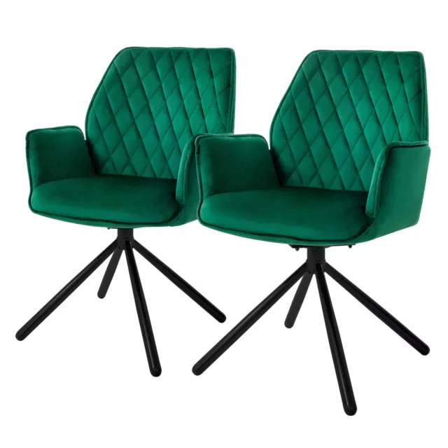 2x Chaise de salon vert foncé en velours accoudoirs dossier fauteuil rembourrée