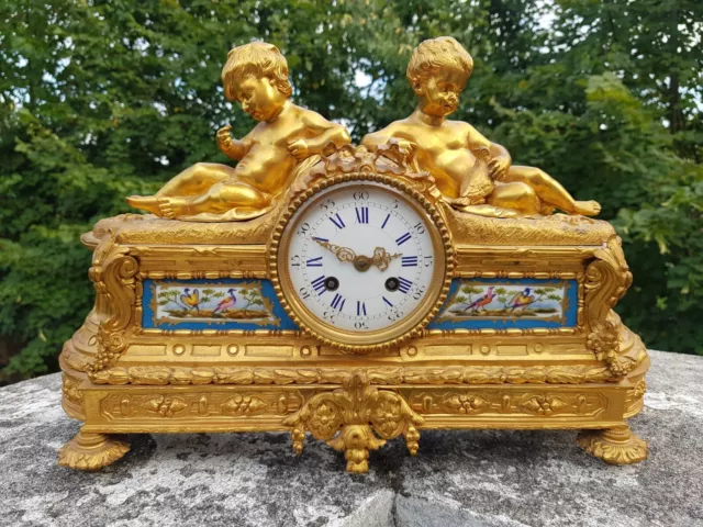 FRENCH ORMOLU c.1850s GILT BRONZE DETAILED LERGE 44x27cm MANTEL CLOCK