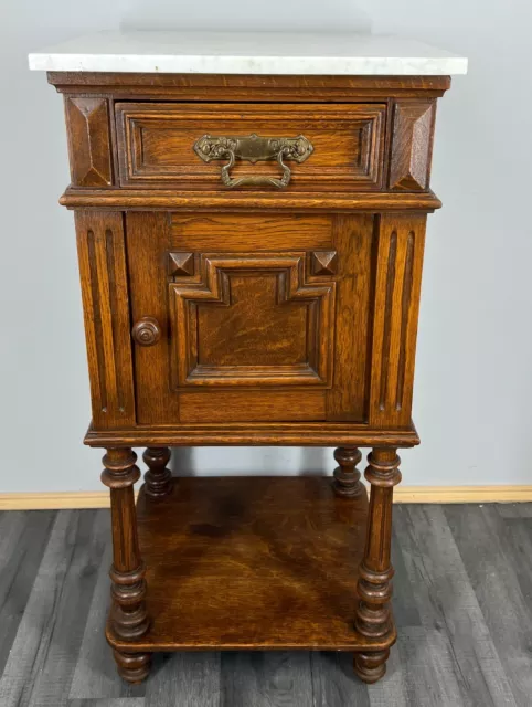 Carved French Antique Bedside Table Cupboard Cabinet With Marble Top (LOT 2534)