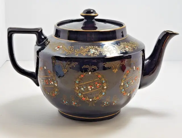 Vintage Gibson and Sons Coronia Black Hand Painted Teapot Gold Accents, England