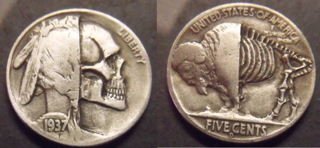 Hand Carved  Hobo nickel  Half n Half Skull  skeleton  unsigned  free mail