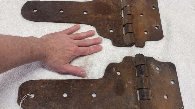 large steel hinges, vintage barn door hinges