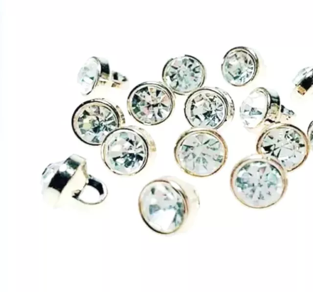 Tiny Gold Round Diamanté Style - 8mm - Shank Buttons crystal Vintage 6 pcs