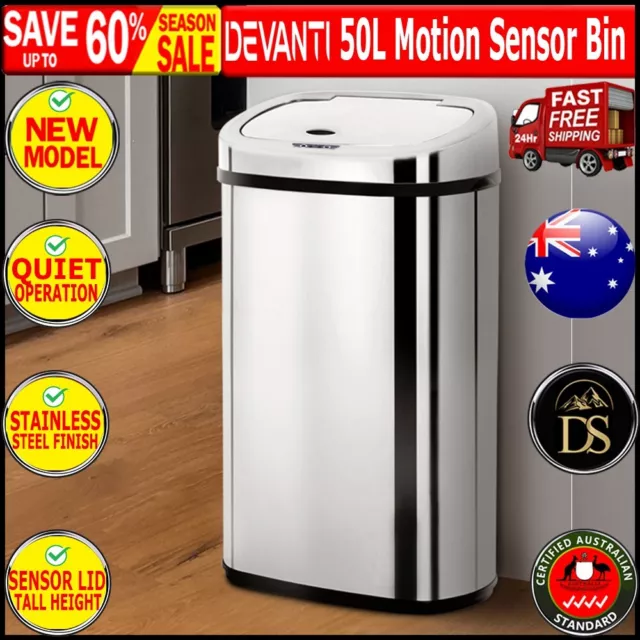 Devanti 50L Stainless Steel Motion Sensor Bin Rubbish Trash Can Automatic Bins