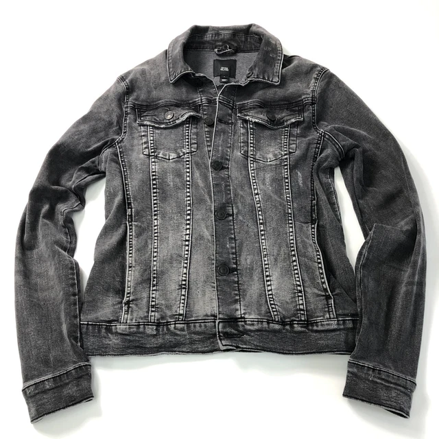 RIVER ISLAND Men's Dark Grey Stone Wash Faded Denim Jacket Small
