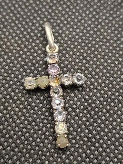Ancien Pendentif Croix En Argent Massif 925 - Occasion Porté - Bijou Vintage Argenté