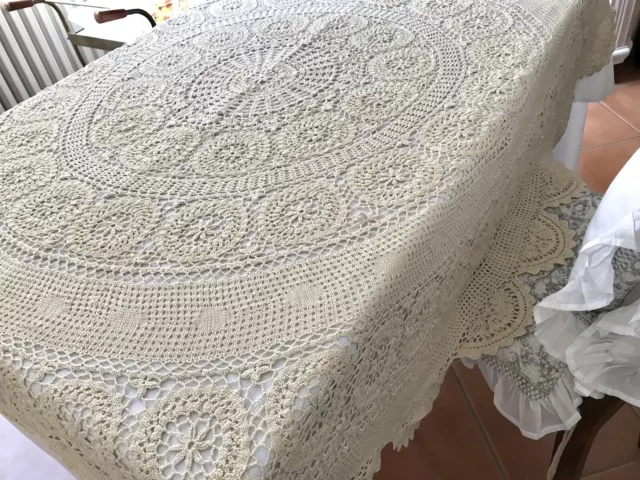 Antik Häkelspitze 190 rund Tischdecke gestrickt beige Baumwolle Spitze Landhaus