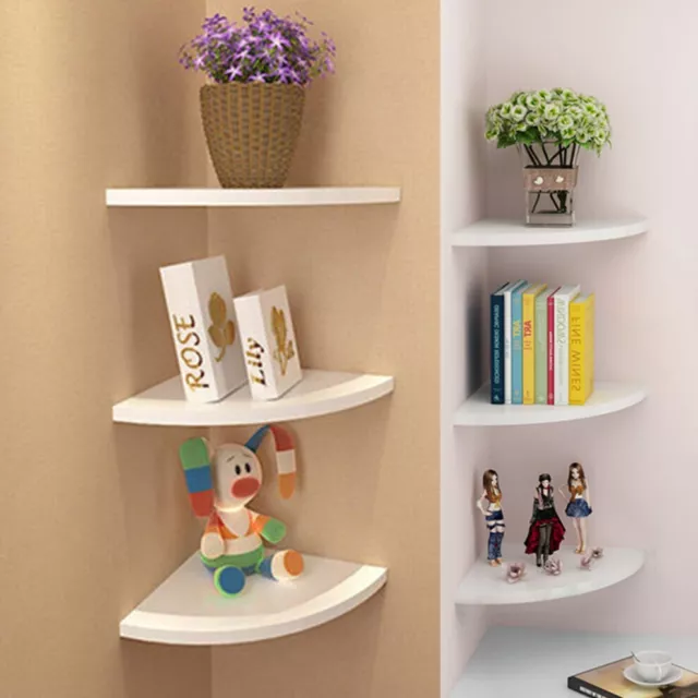 Set of 3 White Floating Corner Shelf Shelves Wooden Wall Storage Display Shelf