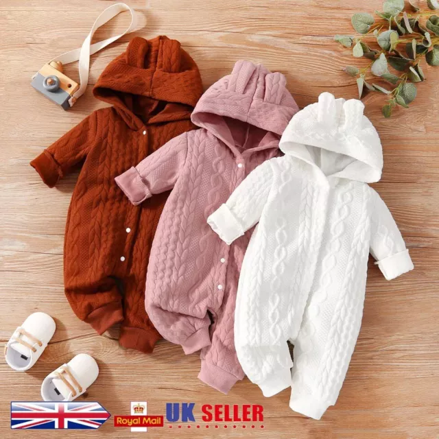 Newborn Baby Boy Girl Romper Outfits Bear Hooded Jumpsuit Winter Warn Clothes