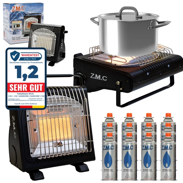 2in1 Tragbare Gasheizung 1,7KW Camping Butan Gas Kocher + Gaskartuschen 227g