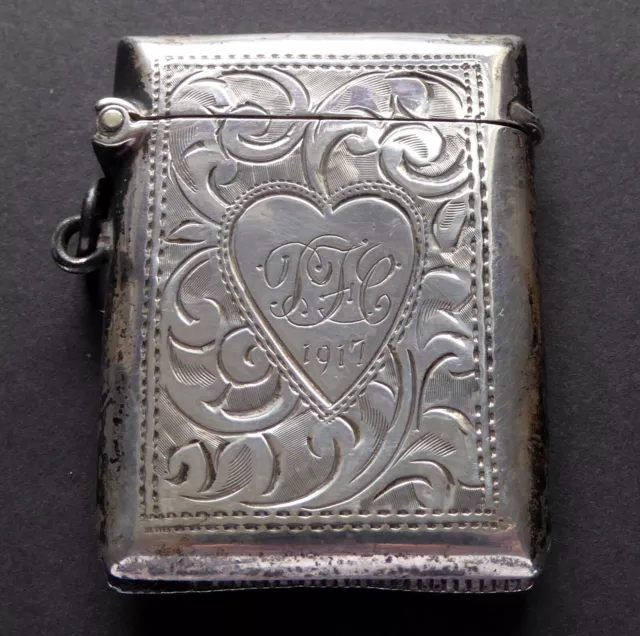 Gb Solid Silver Vesta Case - 0.925 Sterling - 1915 Birmingham - Antique