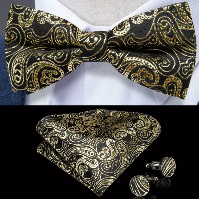 Mens Black Gold Bowtie Paisley Silk Pre-tied Bow Tie Hanky Cufflinks Set Formal