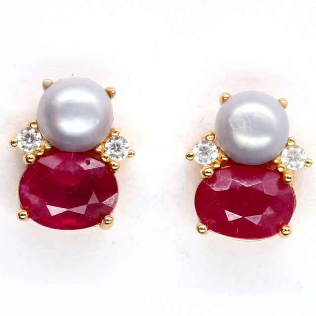6 X 8 Mm. Rot Rubin , Grau Birne & Cubic Zirkonia Ohrringe 925 Sterlingsilber