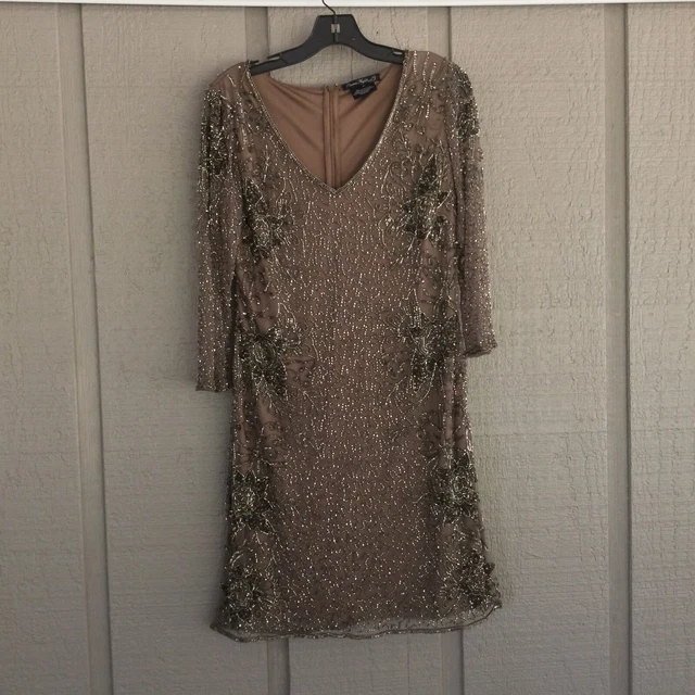 Pisarro Nights Beaded V-neck 3/4 Sleeve Cocktail Dress In Mocha Size 6 (Defect)