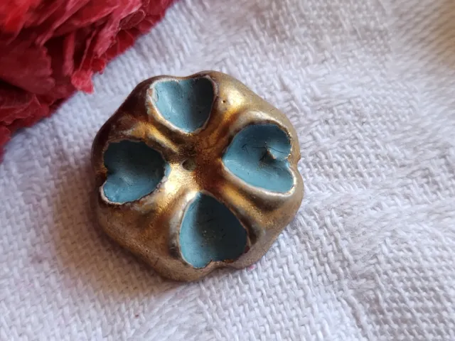 Ancien bouton en céramique bleu doré pied métal 1,8 cm G14B