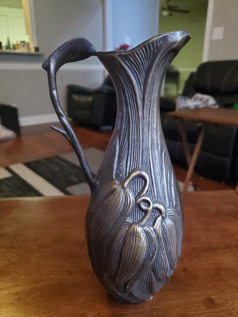 Vintage Art Nouveau Revival Bronze Floral Ewer Pitcher, Vase Metal Decor