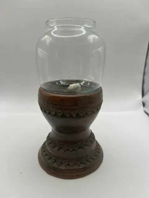 Vintage Hand Carved Wooden Base Hurricane Lamp Glass Top Unique