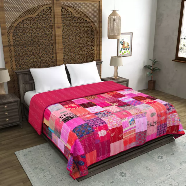 Indio Hecho a Mano Seda Patola Patchwork Kantha Bohemio Cobertor para Cama Manta