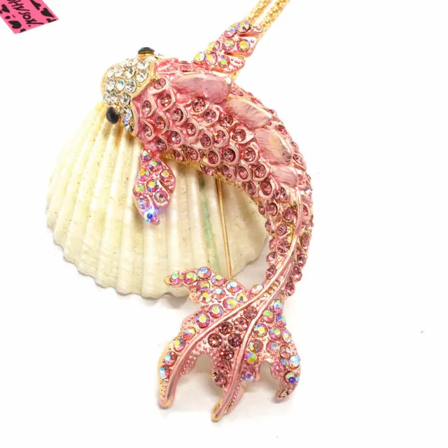 Hot Pink Bling Cute Goldfish Fish Crystal Pendant Fashion Women Chain Necklace