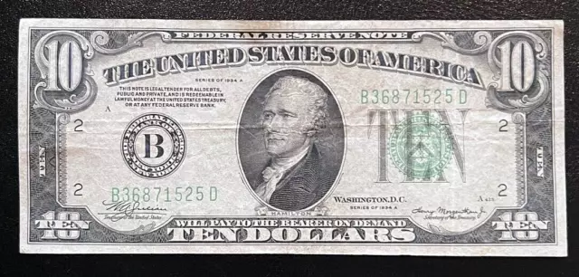 1934A $10 United States Federal Reserve Note, B-New York B36871525D