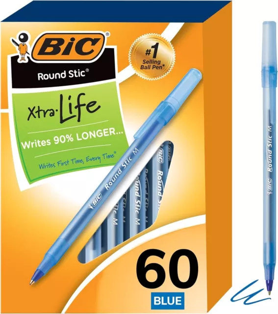 BIC Round Stic Xtra Life Blue Ballpoint Pens, Medium Point (1.0mm), 60-Count