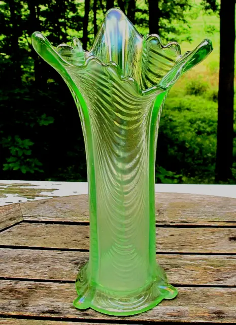 Antique Northwood ICE GREEN Drapery Carnival Glass Vase