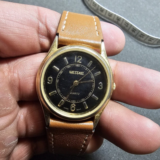 VINTAGE WESTAIR QUARTZ 18k Gold Plated Watch Black Dial Brown Straps Working 28.87 PicClick