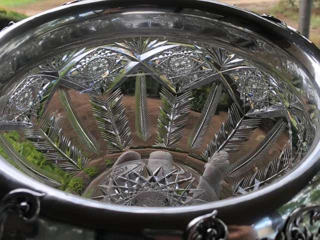 AMERICAN BRILLIANT cut glass bowl. Rare "Queens" pattern Sinclaire. Sterling. 6