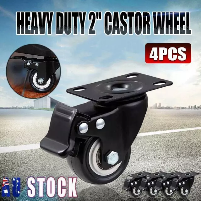 4PCS Heavy Duty 2" 50mm Castor Wheel Trolley Cart Caster W/ Brakes Swivel Wheels