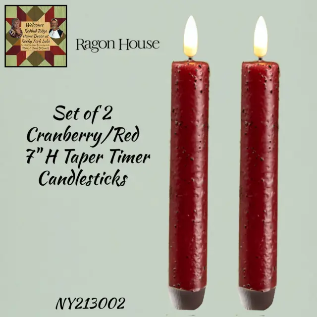 Cranberry/Red Taper Timer Flameless Flickering Candlesticks 7"H **Set of 2