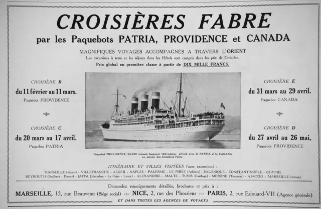 Fabre Cruise Advertising By Ships Patria Providence Et Canada
