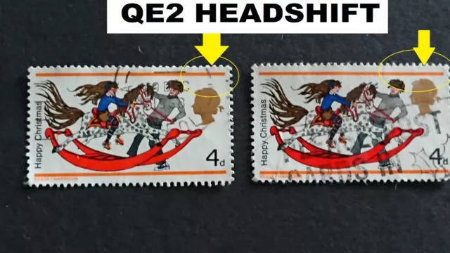 2 ERROR/VARIETY QE2 HEAD SHIFT  4d SG775 ROCKIN HORSE XMAS 1968 USED GB STAMPS