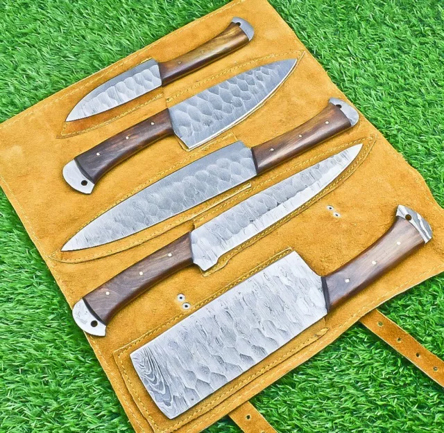 5 Pcs Custom Hand Made Damascus Steel Chef Knife Set Wood Handle W/Sheath 7191