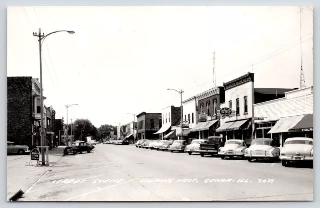 Genoa Illinois~Main Street~Tischler's Grocery Store~Blatz Beer~1950s Cars~RPPC