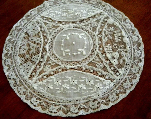 Antique 20s table doily French classy Normandy  laces w emb/ry hand done 10"