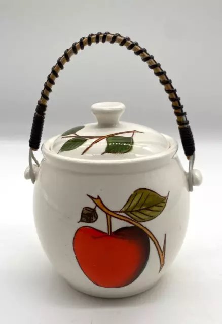 Vintage Retro KitschApple Ceramic Lidded Canister with Wicker Handle Japan MCM