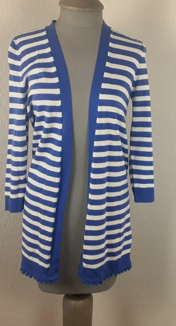 Talbots Women's White Blue Striped Open Front Knit Pima Cotton Long Cardigan XS