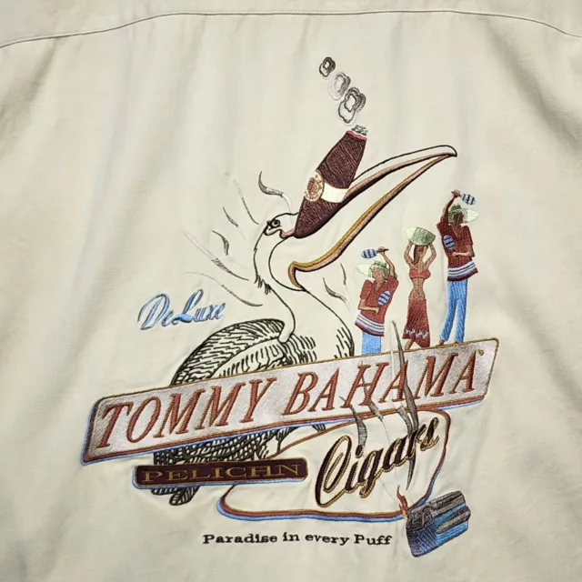 TOMMY BAHAMA SHIRT Men's 2XL Tan 100% Silk Pelican Deluxe Cigar Graphic ...