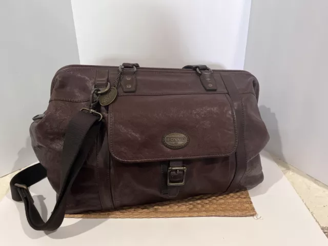 Fossil Duffle Bag Dark Brown Leather Weekender Estate Framed Zip Shoulder Strap