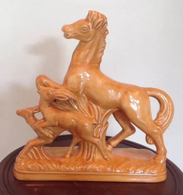 Vintage Mid-Century Ceramic Running Horse & Gazelle Ibex Deer Statue Figurine