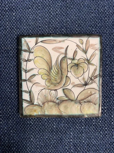 1 Handpainted Folk Art Ceramic Tile 2 3/4” Flower Hummingbird Decorative Pottery