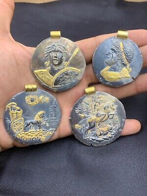 4PCS Old Silver Bactrian, Alexander, Roman King Face pendant With 18K Rare gold