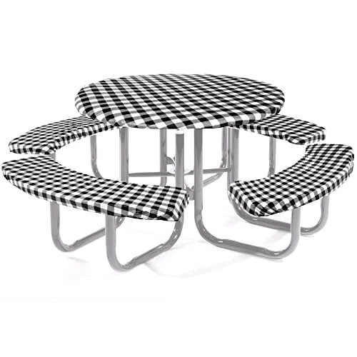 Round Picnic Table Cover with Bench Cover Vinyl Fitted Picnic Tablecloth