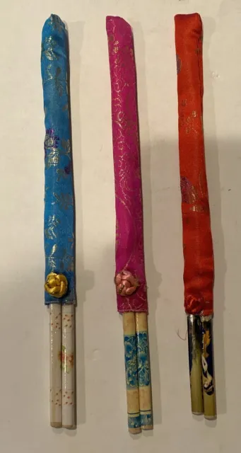 Chopsticks Decorated With Pouch Bags Set Of 3 Blue Purple Red 10” Long Gorgeous