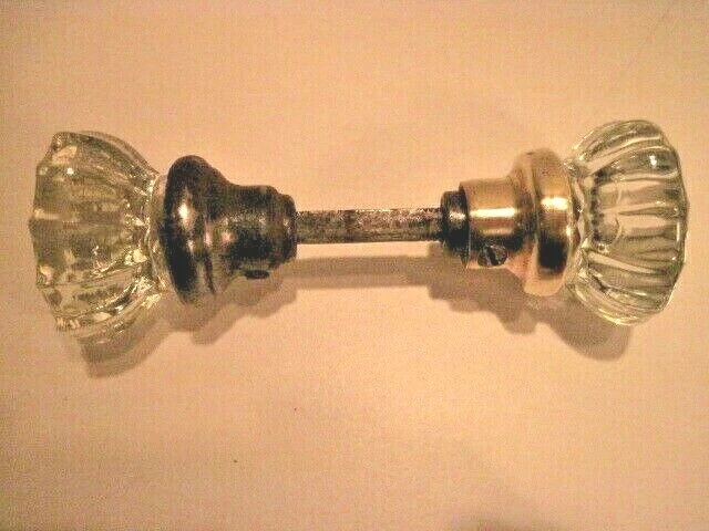 Vintage Antique 12 Point Crystal Glass And Brass And Steel Door Knob Set Vgc!