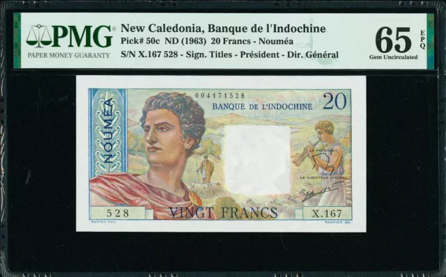 New Caledonia 20 Francs ND (1963) Pick-50c GEM UNC PMG 65 EPQ