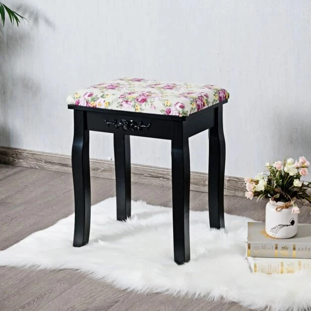 Sgabello per toeletta di legno con cuscino con motivo a rose, Sgabello elegante