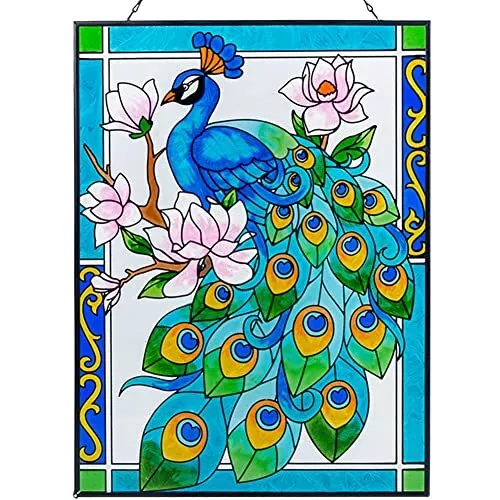 Peacock Stained Glass Window Hanging, 11" W X 15" H Stained Glass Panel with ...