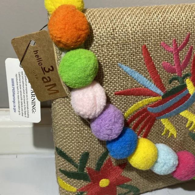 Hello 3AM Embroidered Clutch Burlap Birds Rainbow Pride PomPom Purse Gold, NWT 2